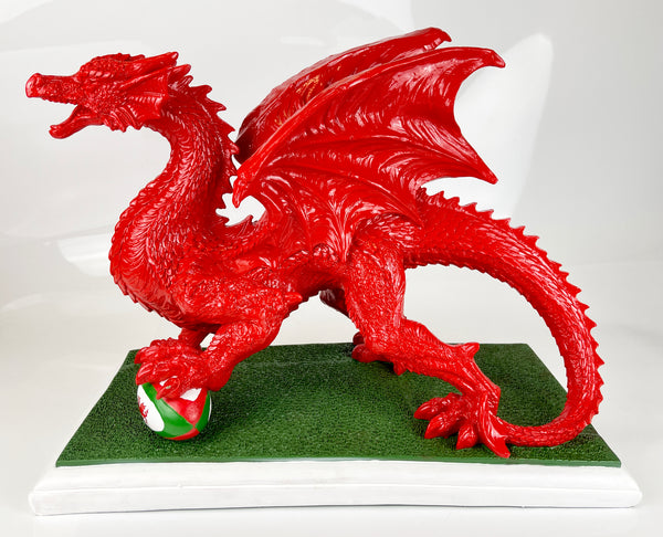 Large Gloss Red Welsh Dragon with Rugby Ball Ornament