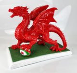 Large Gloss Red Welsh Dragon with Rugby Ball Ornament