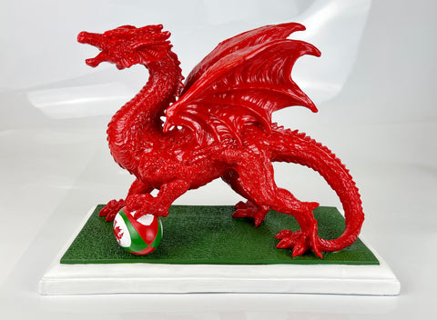 Small Gloss Red Welsh Dragon with Rugby Ball Ornament